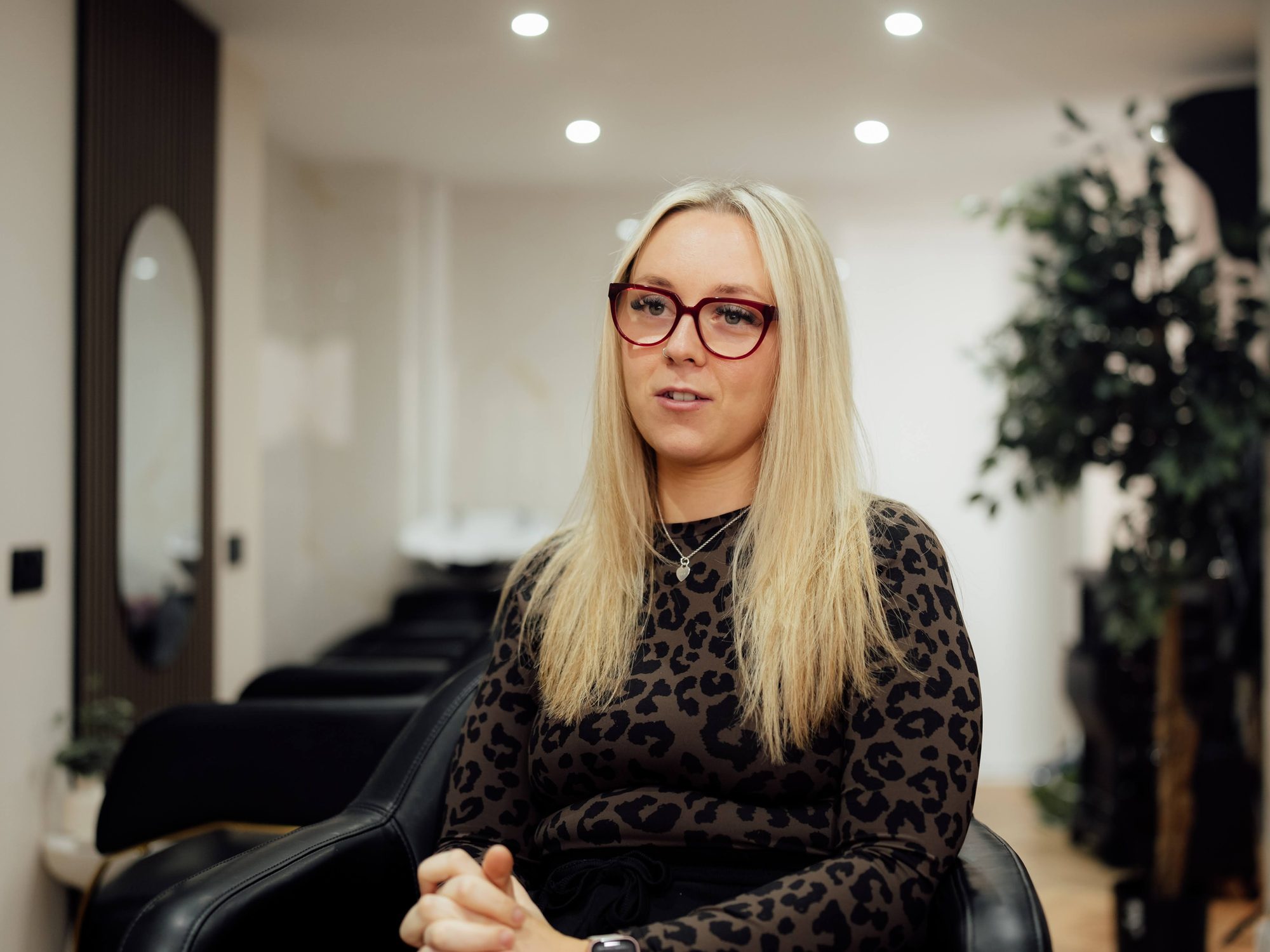 Blow dry styling in progress at Amica Lounge salon, Sawtry
